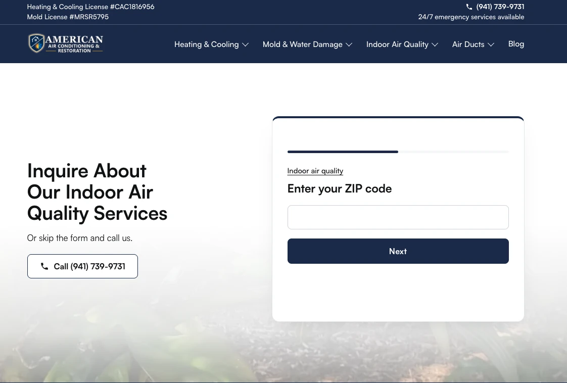 The indoor air quality page we built for American Air Conditioning & Restoration, on desktop: the headline, a call button and the ZIP code step of the quote form