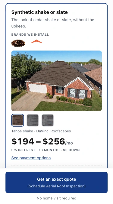 The instant roof quote tool on a phone: the monthly payment for a synthetic shake roof over an aerial photo of the house, with the button to schedule an aerial roof inspection under it